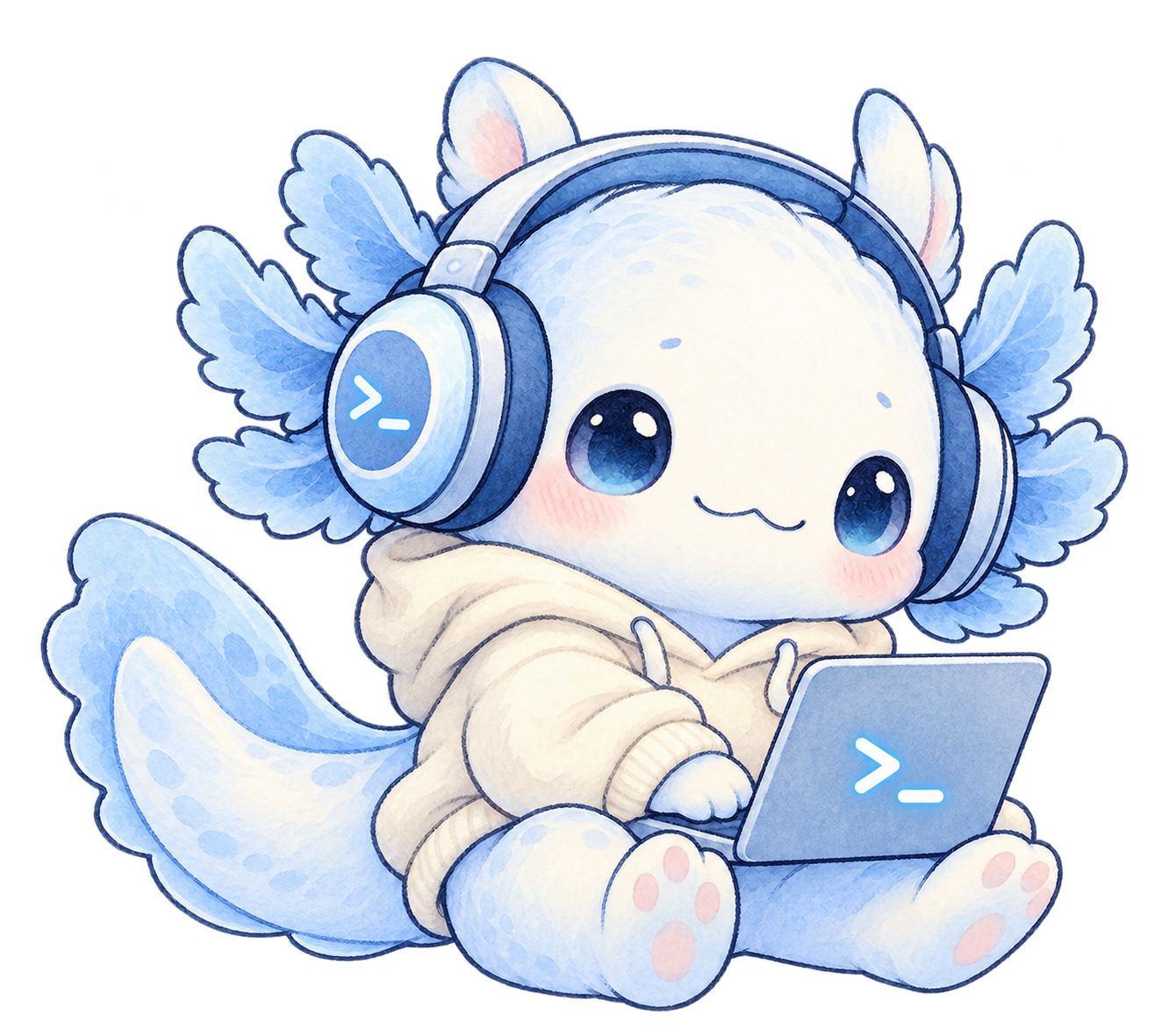 Cute blue axolotl coding companion with a terminal laptop